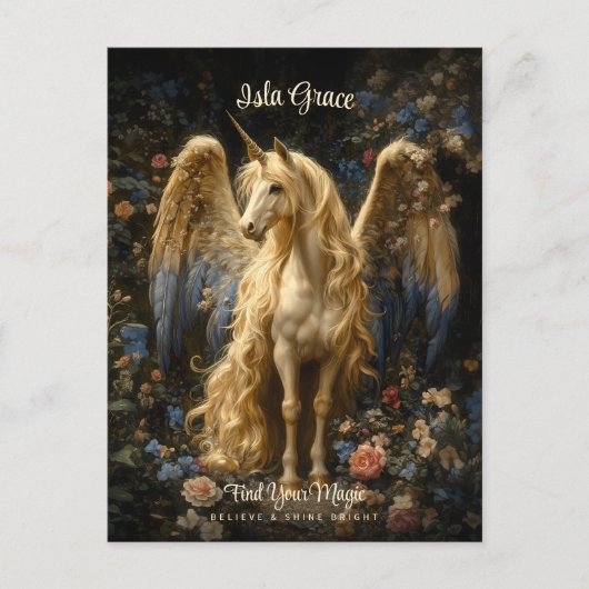 ヴィンテージクリームユニコーンペガサス花のファンタジー ポストカード (正面)