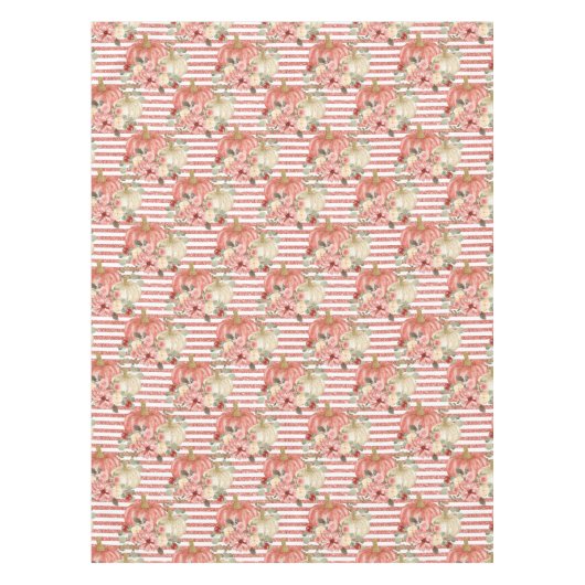 ヴィンテージクリームレッドグリッターストライプフローラパンプキン テーブルクロス (正面)