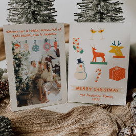 ヴィンテージクリームレッド図解入りの、写真付きのクリスマスレトロおもしろい シーズンカード