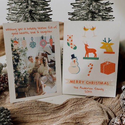 ヴィンテージクリームレッド図解入りの、写真付きのクリスマスレトロおもしろい シーズンカード