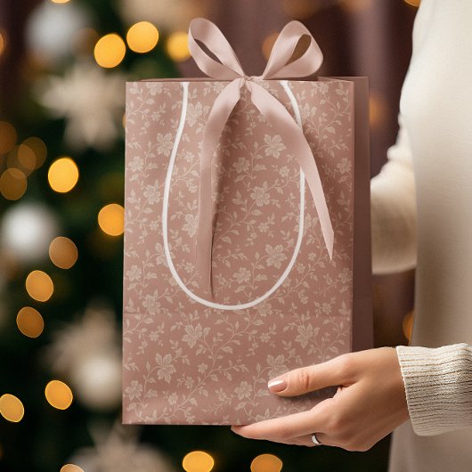 ヴィンテージクリーム花模様エレガント- Romantic ミディアムペーパーバッグ