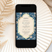 ヴィンテージクリーム金ゴールドブルーフローラムスリム結婚ズ 招待状