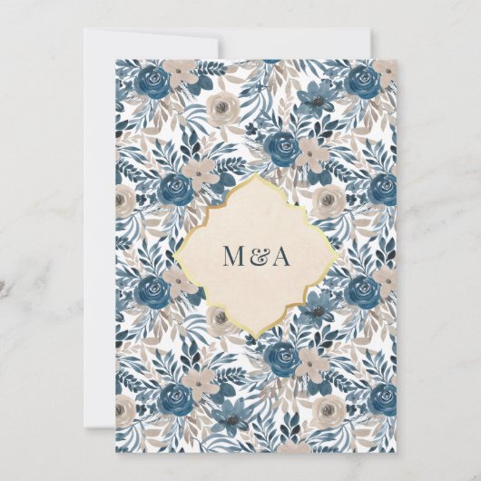 ヴィンテージクリーム金ゴールドブルーフローラムスリム結婚ズ 招待状 (裏面)