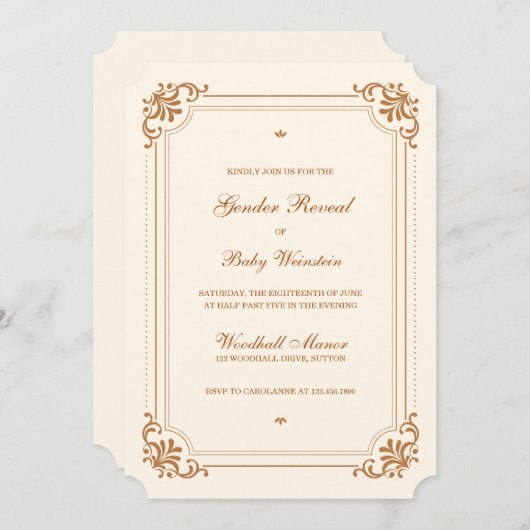 ヴィンテージクリーム銅フレームエレガントジェンダーの表示 招待状 (正面/裏面)