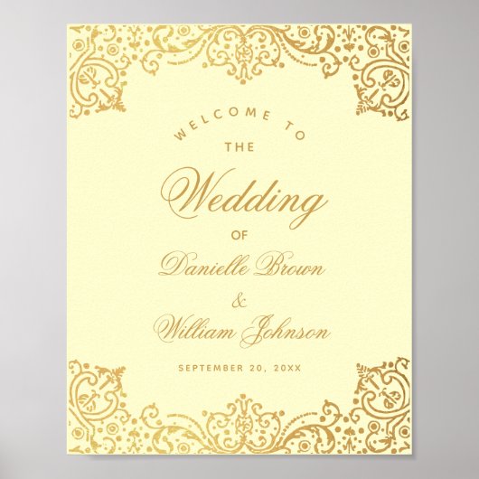 ヴィンテージクリーム&金ゴールドアンティーク結婚のウェルカムサイン ポスター (正面)