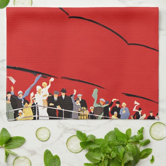 ヴィンテージクルーズ船の乗客が手を振って別れを告げる キッチンタオル (折り畳み)