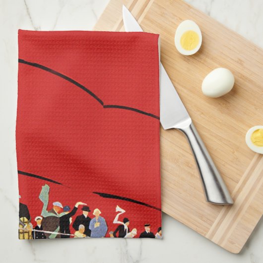 ヴィンテージクルーズ船の乗客が手を振って別れを告げる キッチンタオル (四つ折り)