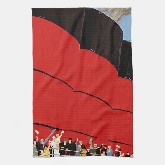 ヴィンテージクルーズ船の乗客が手を振って別れを告げる キッチンタオル (縦)