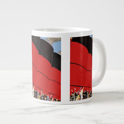 ヴィンテージクルーズ船の乗客が手を振って別れを告げる ジャンボコーヒーマグカップ (正面右)