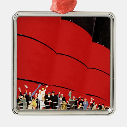 ヴィンテージクルーズ船の乗客が手を振って別れを告げる メタルオーナメント (正面)