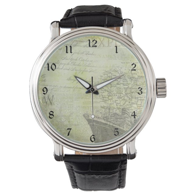 ヴィンテージクルーズ船、新聞記事と地図 腕時計 (正面)