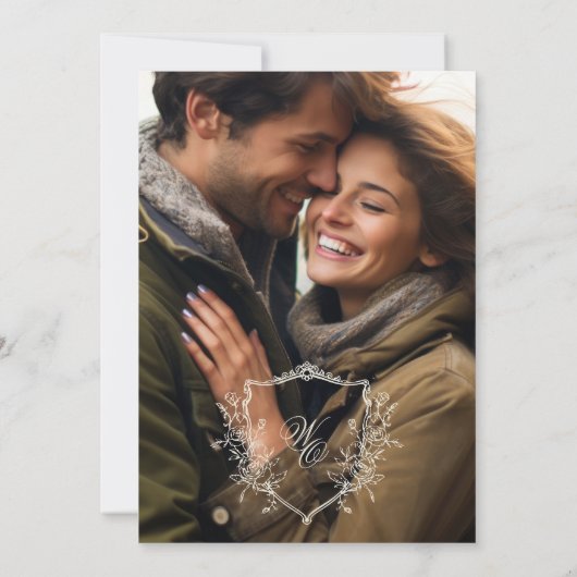 ヴィンテージクレストクリーム&ネイビーオーバーレイ結婚写真 招待状 (裏面)