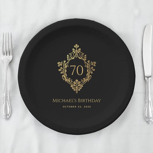 ヴィンテージクレストブラック金ゴールドエレガントマン70th誕生日 ペーパープレート