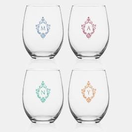 ヴィンテージクレストモノグラムブルーグリーンオレンジブルゴーニュ ステムなしワイングラス