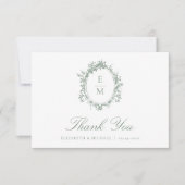 ヴィンテージクレストモノグラムボタニカルグリーン結婚ズ サンキューカード (正面)