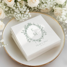 ヴィンテージクレストモノグラムボタニカルグリーン結婚ズ スタンダードカクテルナプキン