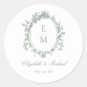 ヴィンテージクレストモノグラムボタニカルグリーン結婚ズ ラウンドシール (正面)