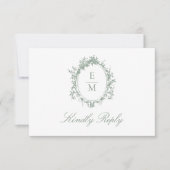 ヴィンテージクレストモノグラムボタニカルグリーン結婚ズ 出欠カード (正面)