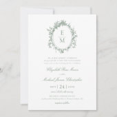 ヴィンテージクレストモノグラムボタニカルグリーン結婚ズ 招待状 (正面)