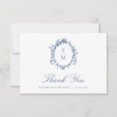 ヴィンテージクレストモノグラムボタニカルブルー結婚ズ サンキューカード (正面)