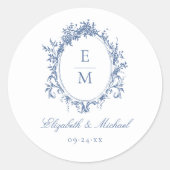 ヴィンテージクレストモノグラムボタニカルブルー結婚ズ ラウンドシール (正面)