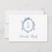 ヴィンテージクレストモノグラムボタニカルブルー結婚ズ 出欠カード (正面)