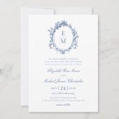 ヴィンテージクレストモノグラムボタニカルブルー結婚ズ 招待状 (正面)