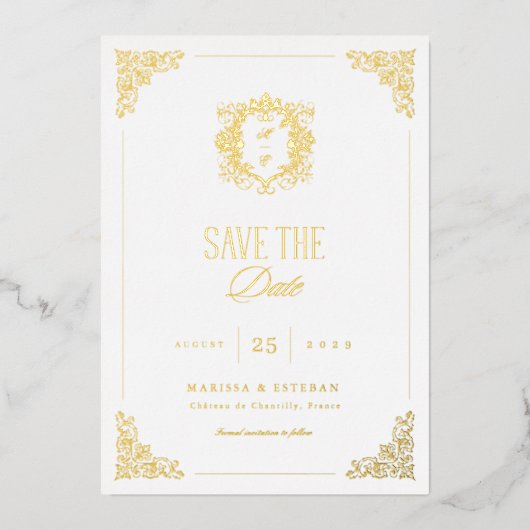 ヴィンテージクレストモノグラムラグジュアリー箔 Save the Date 箔招待状 (正面)
