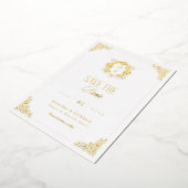 ヴィンテージクレストモノグラムラグジュアリー箔 Save the Date 箔招待状 (回転した状態)