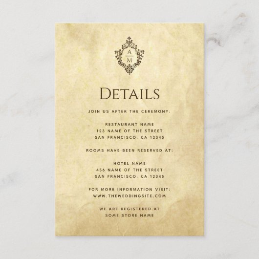 ヴィンテージクレストモノグラム結婚ズ詳細オールド紙 エンクロージャーカード (正面)