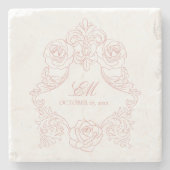 ヴィンテージクレストモノグラム結婚ピンクのロゴ ストーンコースター (正面)