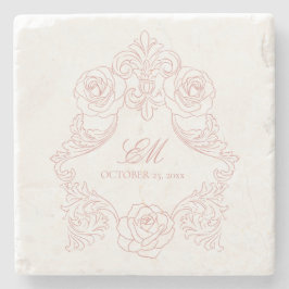 ヴィンテージクレストモノグラム結婚ピンクのロゴ ストーンコースター