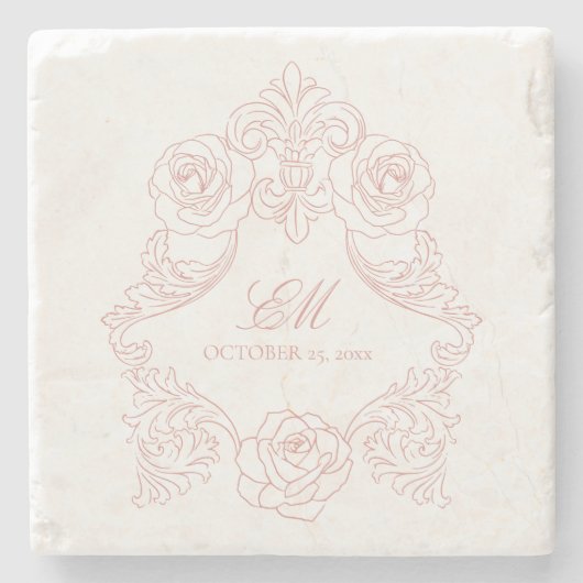 ヴィンテージクレストモノグラム結婚ピンクのロゴ ストーンコースター (正面)