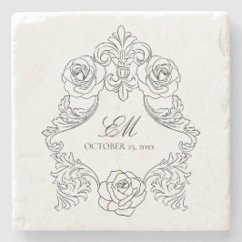 ヴィンテージクレストモノグラム ブラック＆ホワイト ウェディングロゴ ストーンコースター