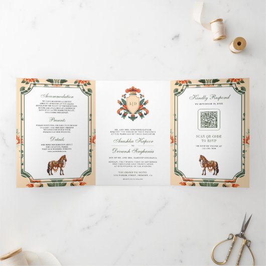 ヴィンテージクレスト王室のホースインディアンヒンドゥー結婚ズ 三つ折り招待状 (内部)