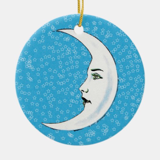 ヴィンテージクレセントホワイトムーン顔ホワイトスターズ セラミックオーナメント (正面)