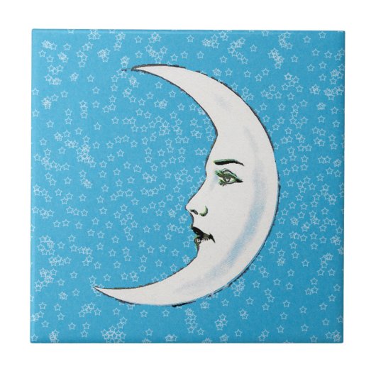 ヴィンテージクレセントホワイトムーン顔ホワイトスターズ タイル (正面)