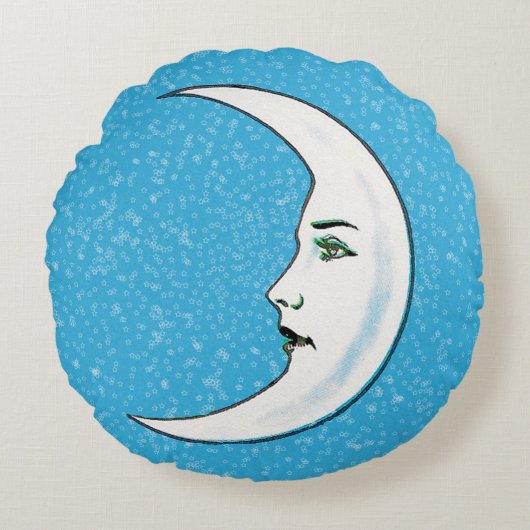ヴィンテージクレセントホワイトムーン顔ホワイトスターズ ラウンドクッション (正面)