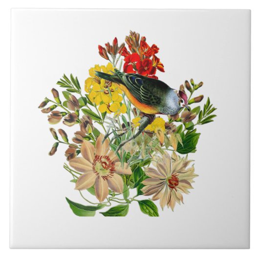 ヴィンテージクレマチス花と松の鳥装飾付き タイル (正面)