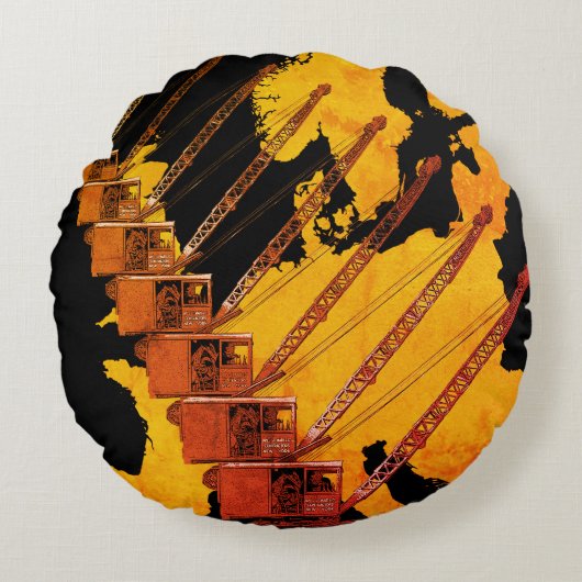 ヴィンテージクレーン操作者ヨーロッパ地図 ラウンドクッション (正面)