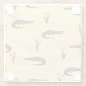 ヴィンテージクロコダイズ：黄色のシームレスなパターン ガラスコースター (裏面)