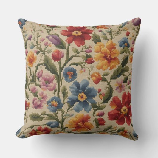 ヴィンテージクロスステッチカラフルフローラルパターン クッション (正面)
