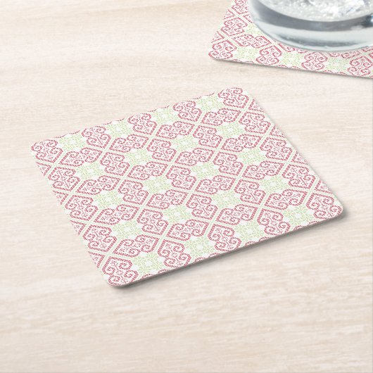 ヴィンテージクロスステッチ刺繍ハート模様 スクエアペーパーコースター (アングル)