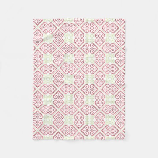 ヴィンテージクロスステッチ刺繍ハート模様 フリースブランケット (正面)