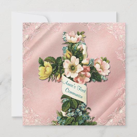 ヴィンテージクロスヴィンテージピンク第1聖餐式 招待状 (正面)