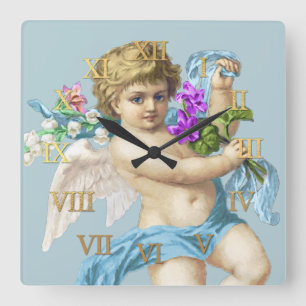 ヴィンテージクロックのローマ数字Cherub Blue スクエア壁時計