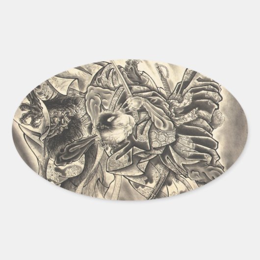 ヴィンテージクールの武士はタトゥーと戦う 楕円形シール (正面)