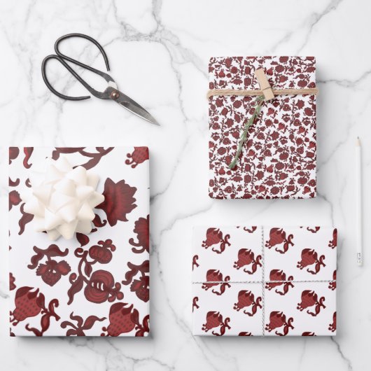 ヴィンテージクールモダンフローラ赤パターン ラッピングペーパーシート (正面)