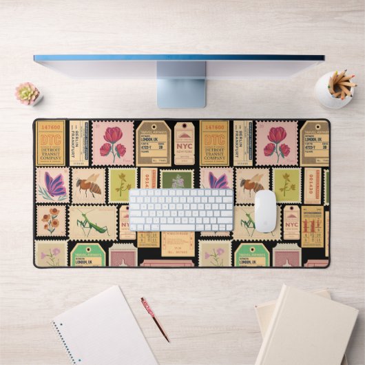 ヴィンテージクール古いセニマチケットと虫のスタンプ デスクマット (オフィス1)