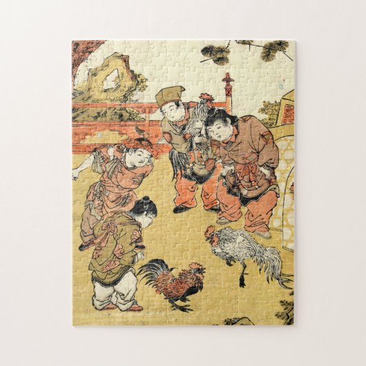 ヴィンテージクール浮世絵の日本の子どもとオンドリ ジグソーパズル (縦)